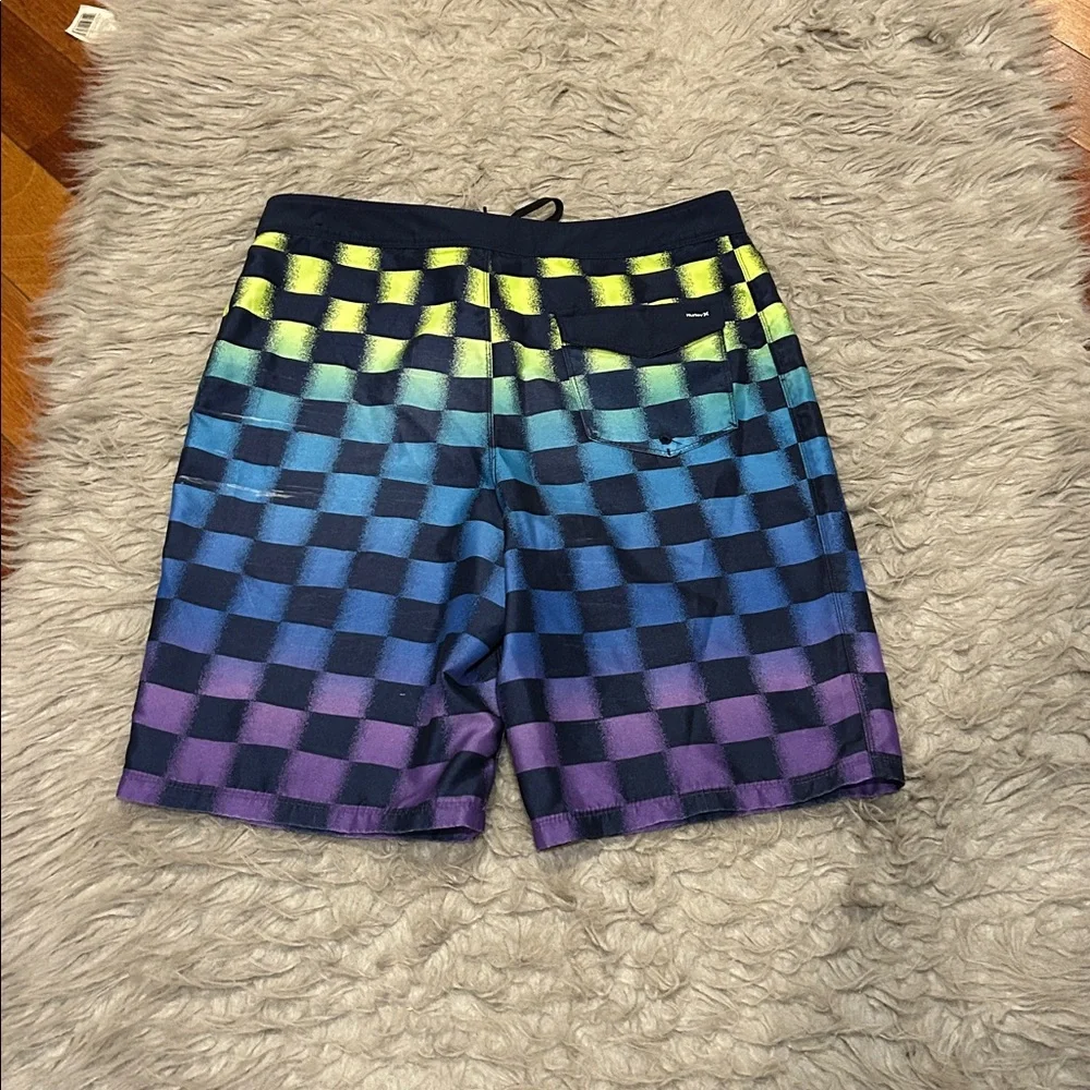 Hurley Boys Ombre Blue, Purple And Yellow Checkered‎ Board Shorts
